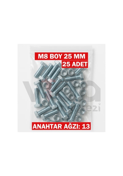 M8x25 Altı Köşe Cıvata + Somun Takımı Çinko Kaplı 25 Adet Takım 1