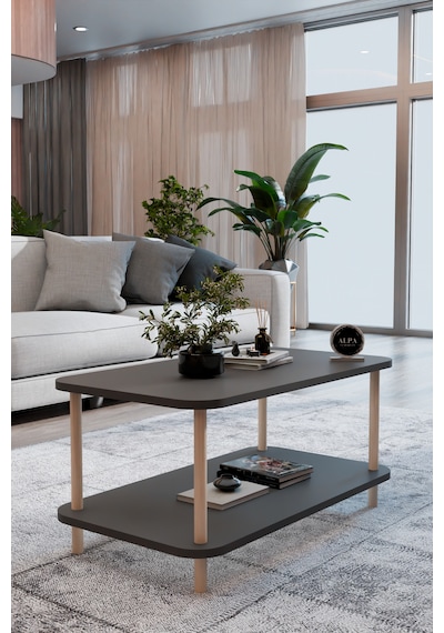 Kare Orta Sehpa 90 Cm 2 Raflı Salon Sehpası Ahşap Ayaklı Dekoratif Sehpa Antrasit