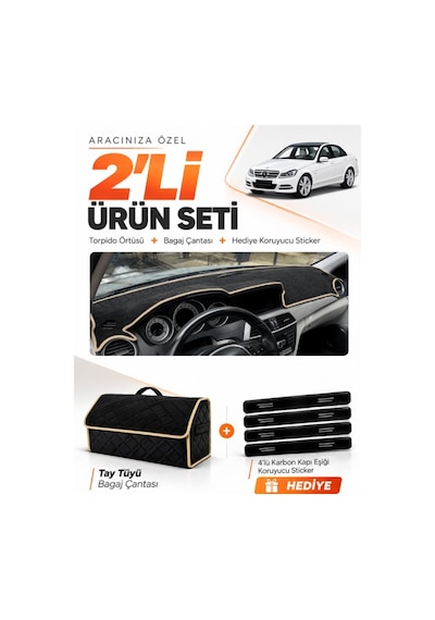 E-biz Mercedes W204 C180 2007-2014 Uyumlu Torpido Örtüsü + Tay Tüyü Çanta - Siyah-bej - Mb006