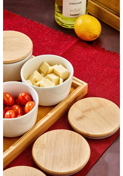 Cooker Leo 6'lı 10 Cm Porselen Bambu Kapaklı Tepsili Kahvaltılık Seti Ckr3930 Beyaz