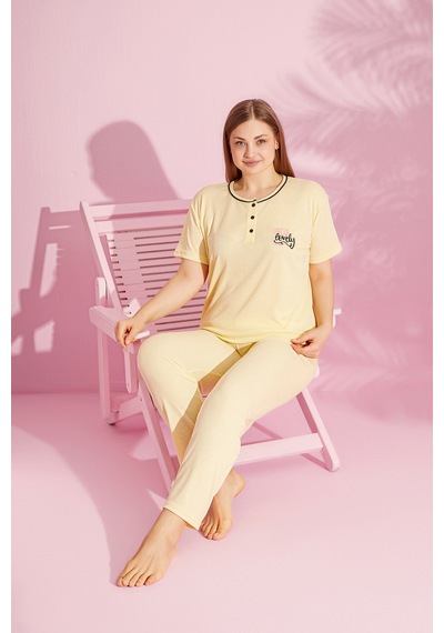 Rindahomewear Büyük Beden Fitilli Kısa Kol Pijama Takımı Sarı