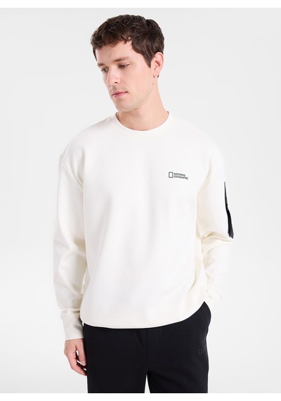 National Geographic N6wm-swt4150 Krem Erkek Bisiklet Yaka Baskılı Relaxed Triko Sweatshirt