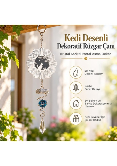 Kedi Desenli Rüzgar Çanı 36 Cm Metal Kristal Sarkıtlı Dekoratif Balkon Bahçe Asma Süsü