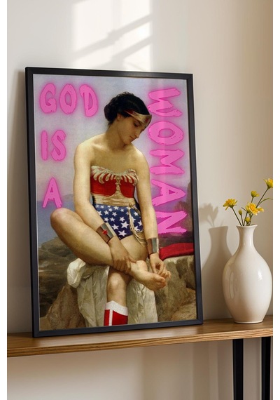 God Is A Woman Çerçeveli Tablo Vintage Görünümlü Feminist Duvar Sanatı Altered Art