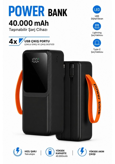 40.000mah Taşınabilir Powerbank Led Dijital Ekranl Type-c-lightning Şarj Kablosu 4 Usb Çıkış Portu Hızlı Şarj Siyah - Siyah