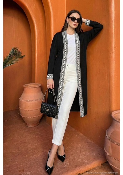 Lela Modest Regular Fit Bağlamalı Nakışlı Tesettür Uzun Kimono Bayan Hırka 5866173 Siyah