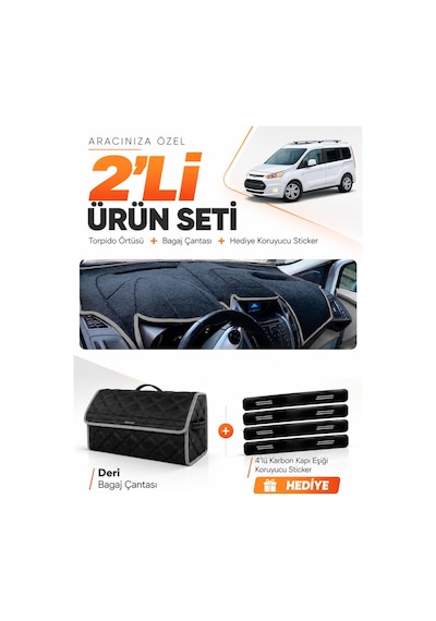 Ford Tourneo Connect 2013-2020 Uyumlu Torpido Örtüsü + Deri Bagaj Çantası + Sticker - Siyah Gri