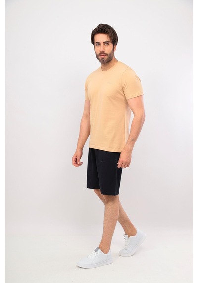 Erkek V Yaka Tshirt Şort Cep Fermuarlı Alt Üst Takım Bej Lacivert