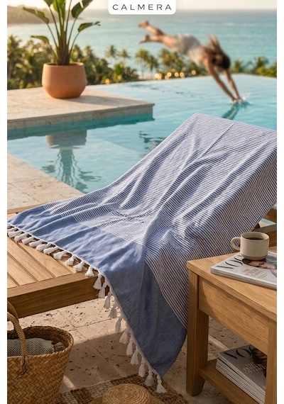 Calmera Çizgili Peştemal Pamuk - Doğal Saçaklı Plaj, Deniz, Havuz, Spa, Sauna, Spor, Seyahat Havlu - Lacivert