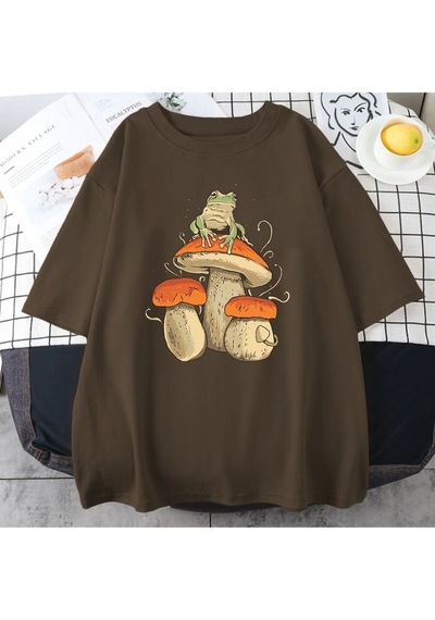 Flood Of Style Erkek Kahverengi Mantar Baskılı Oversize Bisiklet Yaka Tshirt
