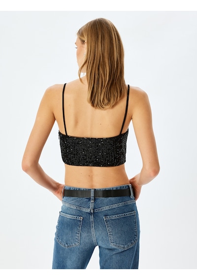 Koton Pullu Payetli İnce Askılı Crop Atlet Siyah 5sak30002fk Siyah