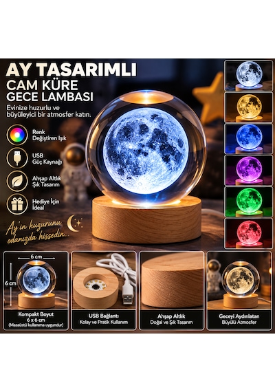 Ay Tasarımlı Cam Küre Gece Lambası Usb Li Ahşap Altlıklı Renk Değiştiren Dekoratif Lamba 6 Cm Şeffaf
