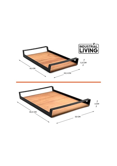 Ham Renk Servis Ve Sunum Tepsisi Metal Kulplu Ahşap Tepsi - 42x22 5 Cm