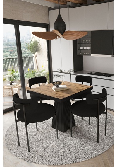Avvio Lago Siyah Lake Mdf Ayak 80x80 Yemek Masası Mutfak Masası 4 Kişilik Masa Takımı Teddy Sandalye Akça Avvio89696