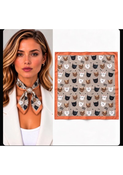 Mınjuanrong Kedi Desenli 50x50 Kare Kadın Fular Ve Çanta Aksesuarı Bej - Turuncu