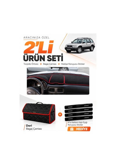 Subaru Forester 1997-2002 Uyumlu Torpido Örtüsü + Deri Bagaj Çantası + Sticker - Siyah Kırmızı