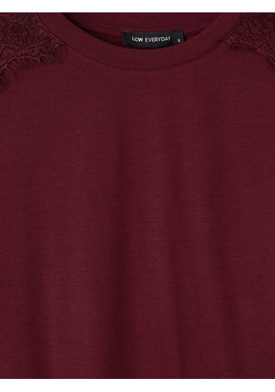 Lcw Everyday Bordo Bisiklet Yaka Dantel Detaylı Kadın Tişört