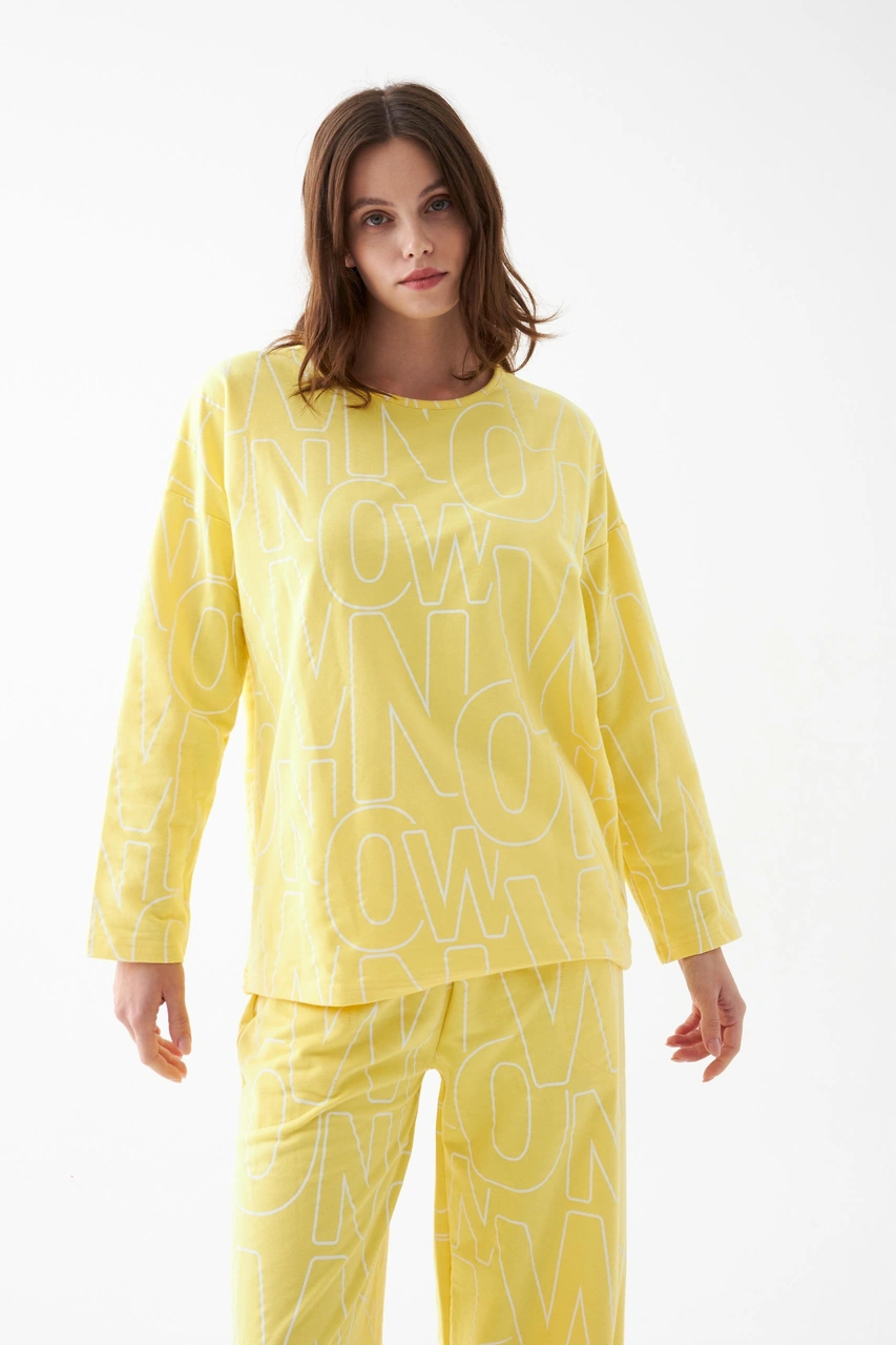 Akbeniz Kadın Oversize Sarı Desenli Pamuklu Kalın Pijama Takımı Sarı