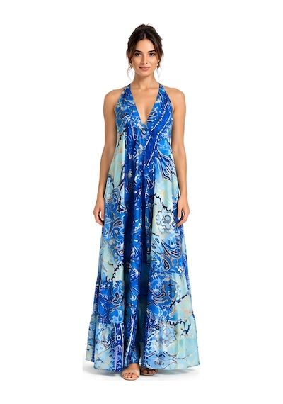 Lili Woman Kadın Mavi Ombreli Batik Desenli Halter Yaka Otantik Maxi Elbise Mo.melb01m