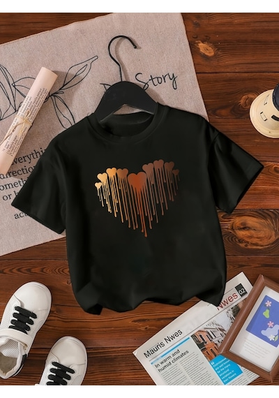 Uyguntarz Çocuk Eriyen Kalpler Baskılı Tasarım Tshirt Siyah