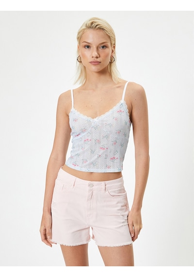 Koton İnce Askılı Çiçekli Crop Atlet Dantel Detaylı Pembe Desenli 4sak10747ek
