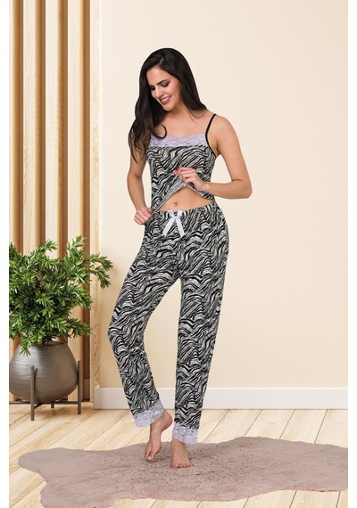 Myben Kadın Zebra Desenli Pamuklu Likralı Siyah Renkli Askılı Dantel Detaylı Pijama Takımı 28456 Siyah