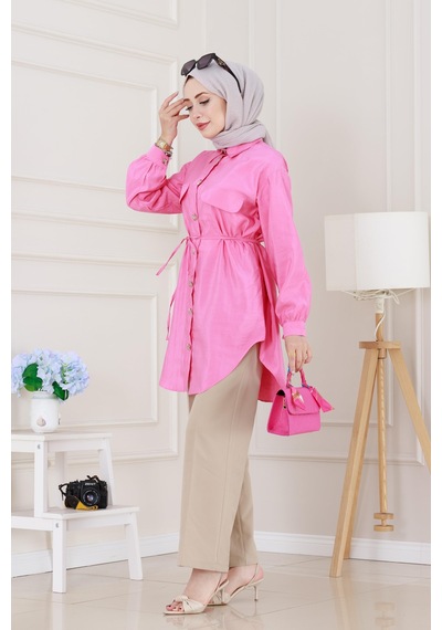 Sevitli Cep Kapaklı Beli Bağcıklı Tunik-pembe-5155 Pembe