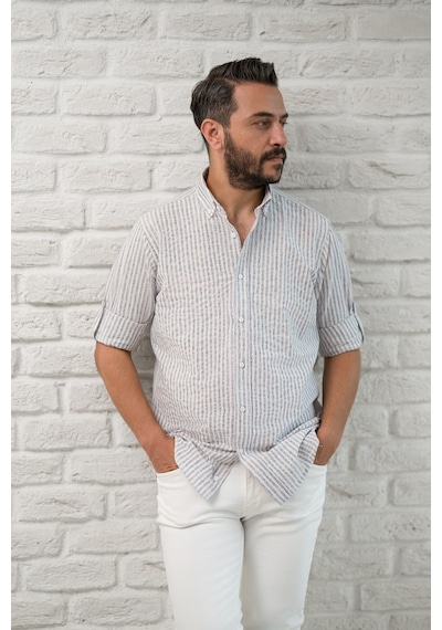 Slimfit Fit Yaka Düğmeli Çizgili Yazlık Gofre Kumaş Erkek Gömlek Gri
