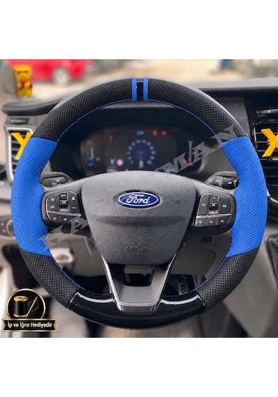 Ford Transit Dikme Direksiyon Kılıfı Delikli Deri Parlak Siyah Mavi Detay Çift Yüzük Ve Dikiş 2020-2026