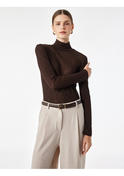 Koton Slim Fit Dik Yaka Uzun Kollu Tişört Kahverengi 7wak50002uk Kahve