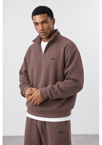 Erkek Respire Basic Half Zip Oversize Sweatshirt Kakao Kahverengi