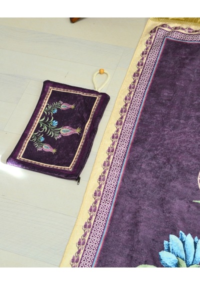 Pratik Ve Taşınabilir İpek Dokulu Çantalı Seccade Lale Desenli Mor- Fermuarlı Mor