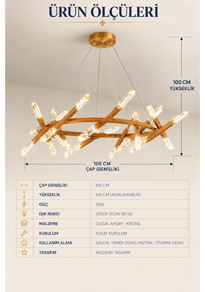 Modern Premium Ahşap Ledli Sarkıt Aydınlatma Lüks Salon Otel Yemek Odası Avizesi 55w 3000k Beyaz