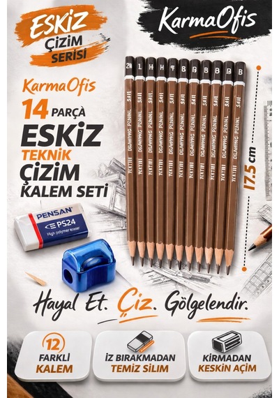 14 Parça Eskiz Teknik Çizim Kalem Seti 2h-4b + Silgi + Hazneli Kalemtıraş