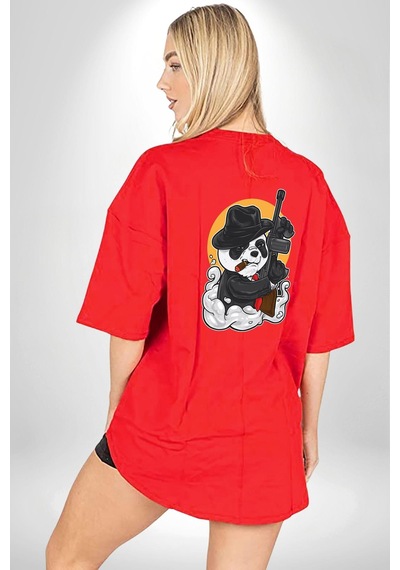 Gangster Panda Kırmızı Oversize Unisex Ön Ve Sırt Baskılı Tişört Kırmızı