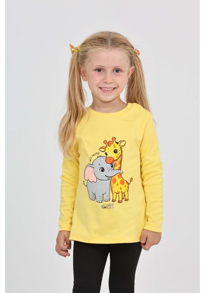 Toontoy Kız Çocuk Zürafa Fil Baskılı Sweatshirt Koyu Sarı