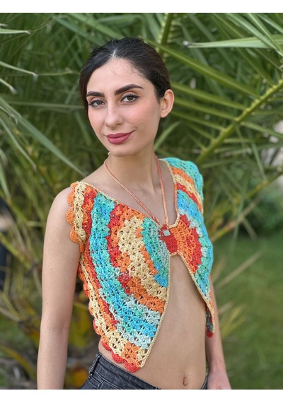 Gönülden Tasarım El Örgüsü Kelebek Crop Büstiyer Standart Beden Turuncu