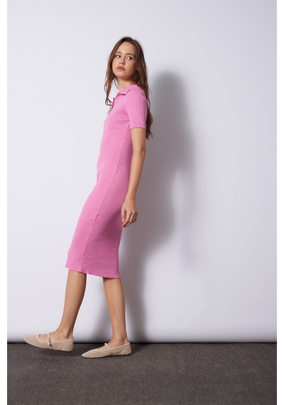 Avrile Polo Yaka Kısa Kollu Triko Elbise Pembe