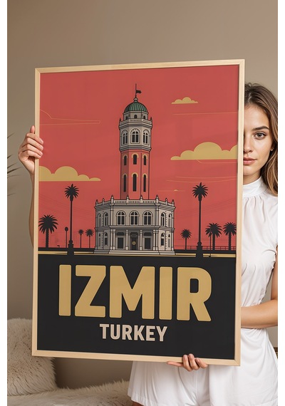 İzmir Saat Kulesi Tablo - Retro Travel Poster - Şehir Serisi Duvar Dekoru - Çerçeveli Poster Kayın