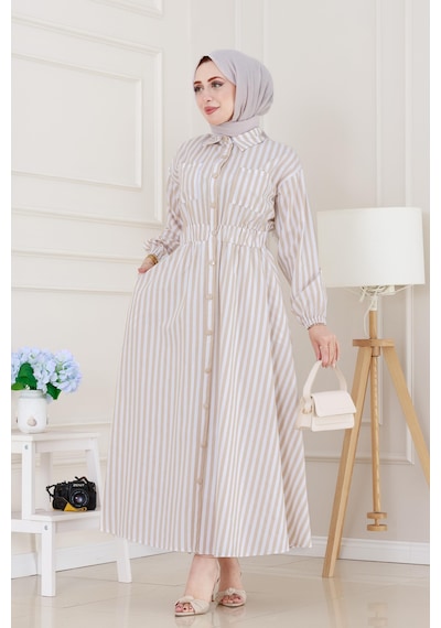 Sevitli Çizgili Cepli Tesettür Elbise-bej-5136 Bej