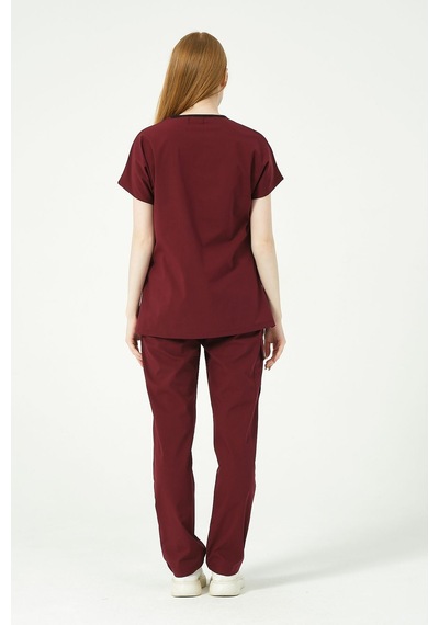 Bordo Likralı Scrubs Kargo Cep Doktor Hemşire Forması Yarasa Kol Takım Unisex
