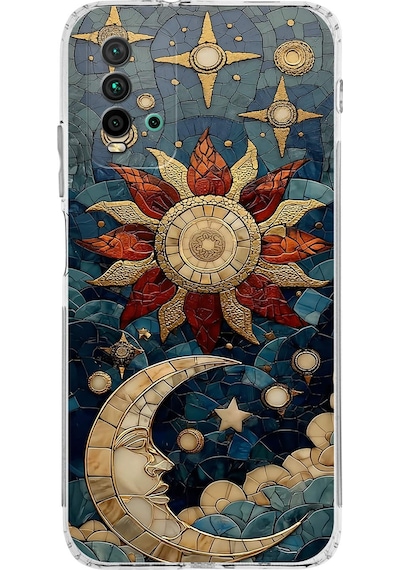 Printify Redmi 9t İle Uyumlu Vitray Sol Ve Luna Tasarımlı Şeffaf Silikon Kılıf Şeffaf
