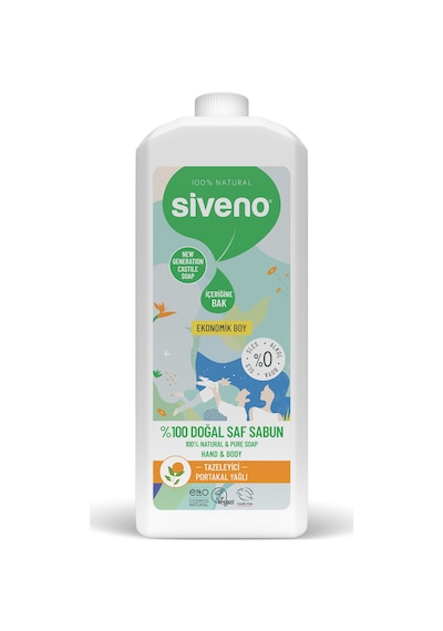Siveno %100 Doğal Sıvı Kastil Sabun Portakal Yağlı Tazeleyici Nemlendirici Bitkisel Vegan 1 L