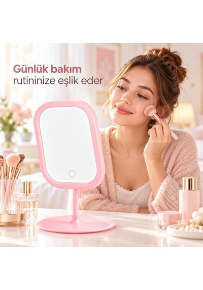 Led Işıklı Masaüstü Ayna, Dokunmatik Kontrol, Tepsili Taban, Kozmetik Model, Makyaj Aynası Pembe, Dikdörtgen Genel