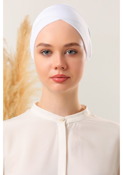 Melodi Scarf Bağlamalı Dikişsiz Çapraz Bone Beyaz Beyaz