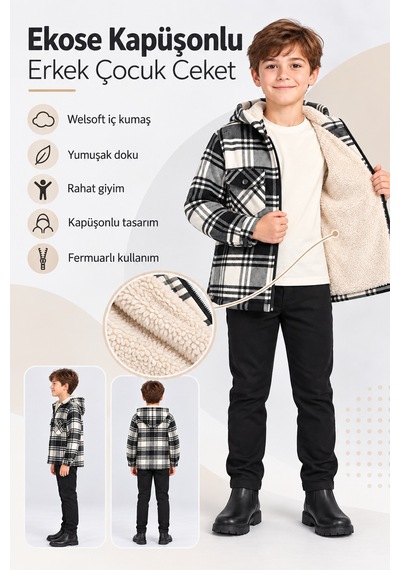 Ahengim Erkek Çocuk Ekose Kapüşonlu Fermuarlı Peluş Astarlı Ceket Mont Oduncu Gömlek Ak1665 Siyah Ahengim Erkek Çocuk Ekose Kapüşonlu Fermuarlı Peluş Astarlı Ceket Mont Oduncu Gömlek Ak1665 Siyah