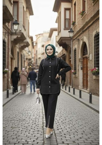 Hb Harma Time Butik Kadın Kot Ceket Pantolon İkili Kot Siyah Takım Siyah Siyah