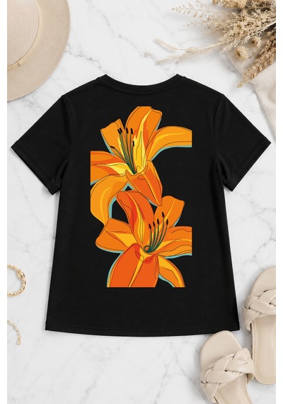 Spoyi Orange Lily Tasarımlı %100 Pamuk Yarım Oversize Siyah T-shirt