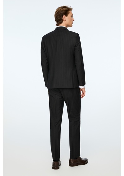 Morven Erkek Siyah Yün Trend Çizgili Slim Fit Sivri Yaka Takım Elbise 26mc001079001 Siyah