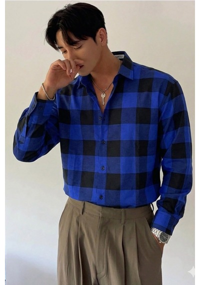 Erkek Ekose-kareli Gömlek Slim Fit Pamuk Karışımlı Klasik Tarz Uzun Kollu Gömlek Lacivert